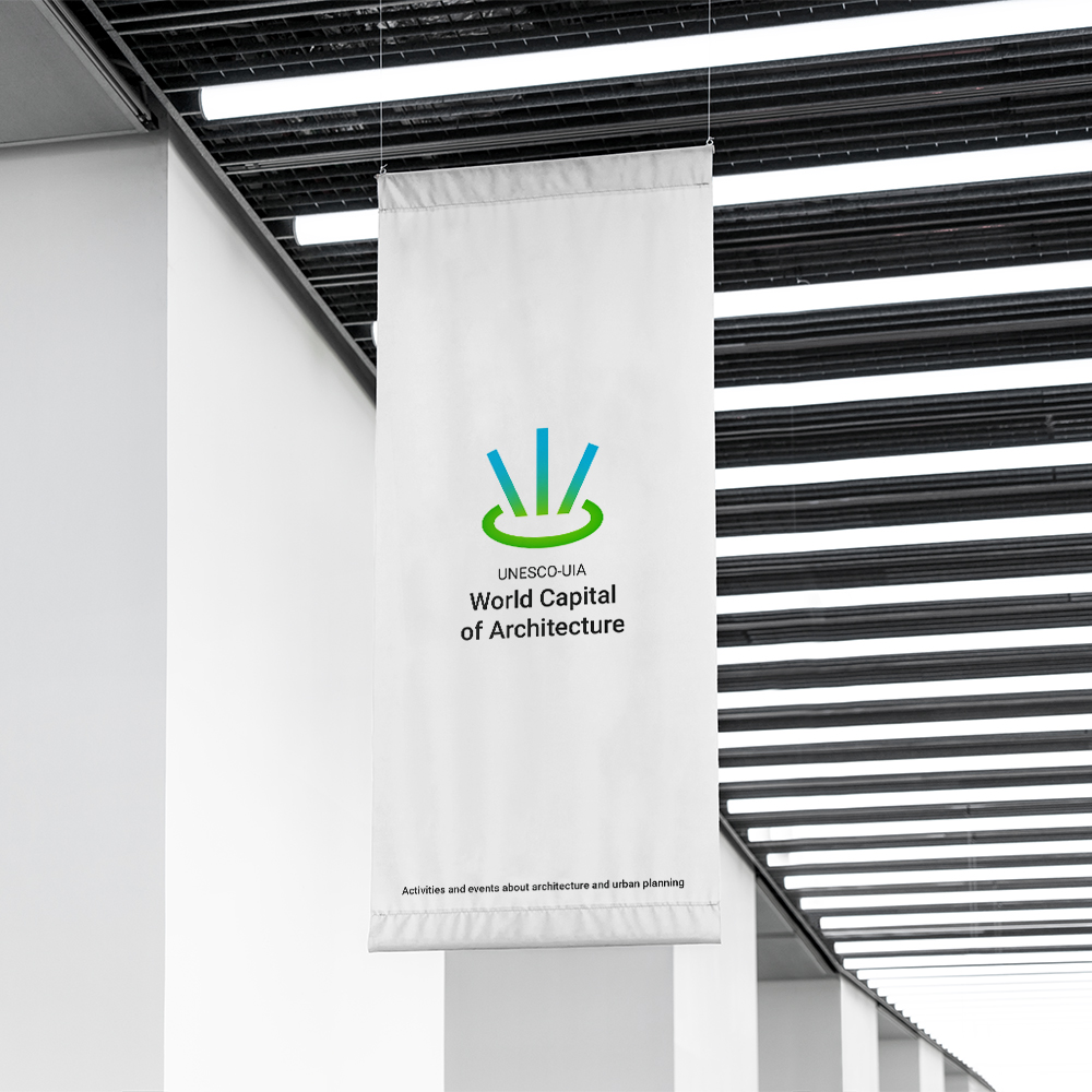 Progetto di un banner per interno con il logo di World Capital of Architecture