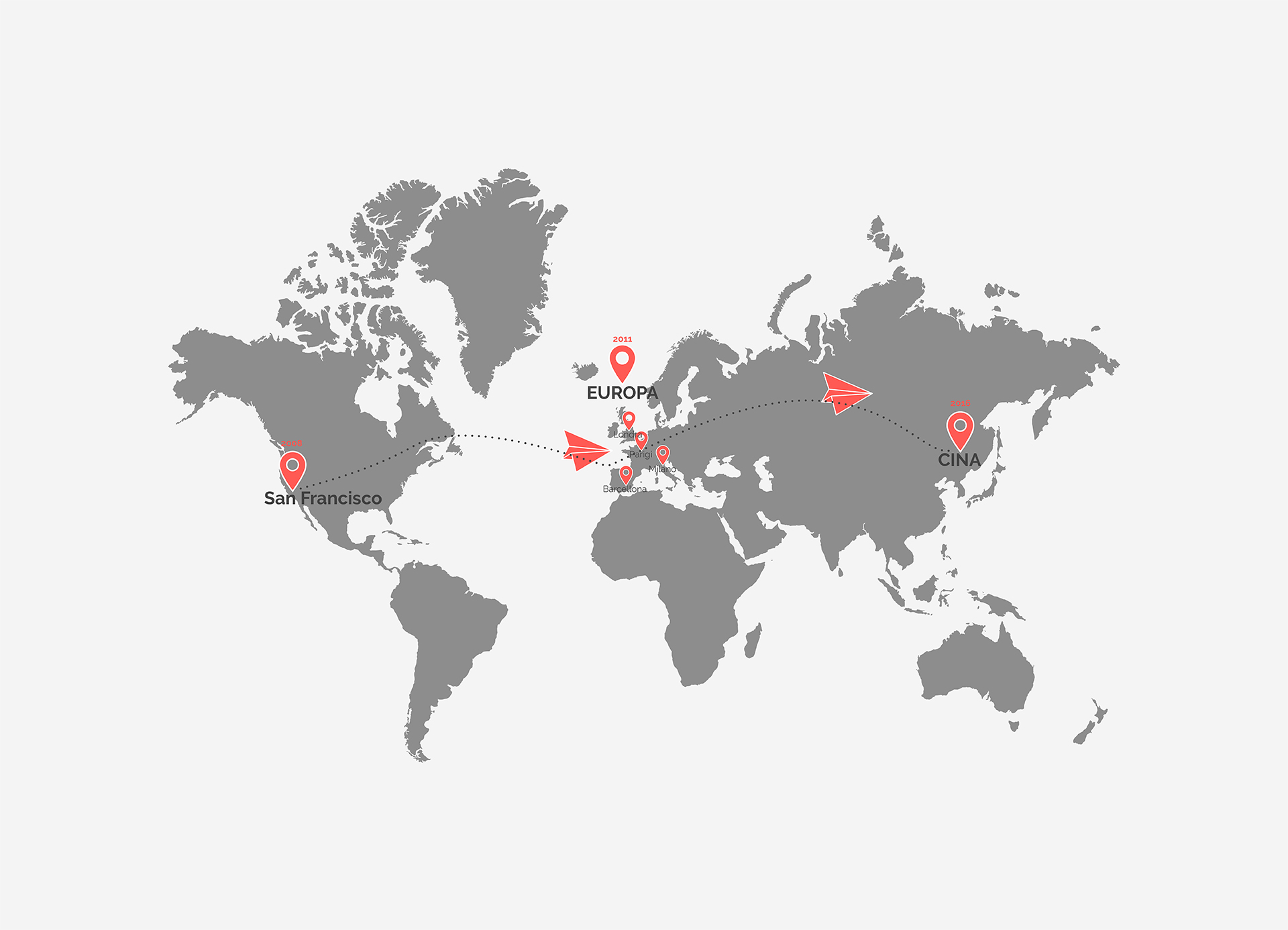 Mappa del mondo con indicati alcuni luoghi principali e importanti per Airbnb