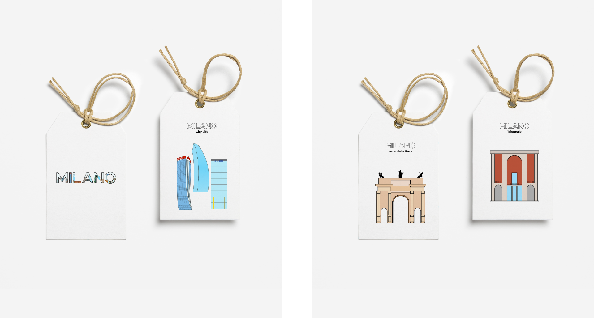 Etichette con logotipo Milano e intero skyline, le tre Torri di City Life, Arco della Pace, Triennale