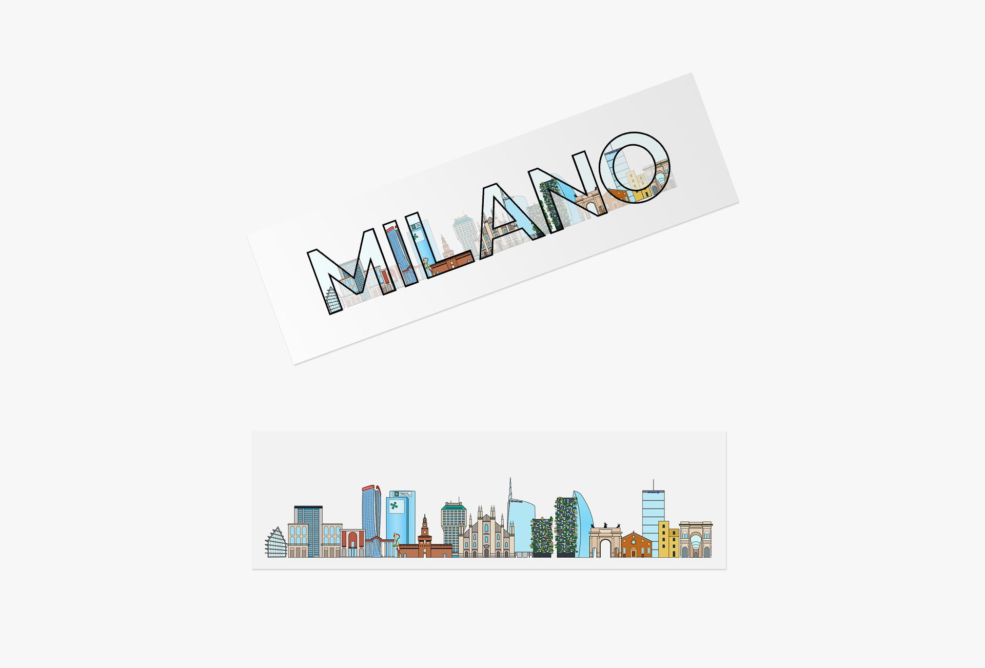 Segnalibri di cui uno con skyline illustrato e l'altro con skyline e logotipo Milano