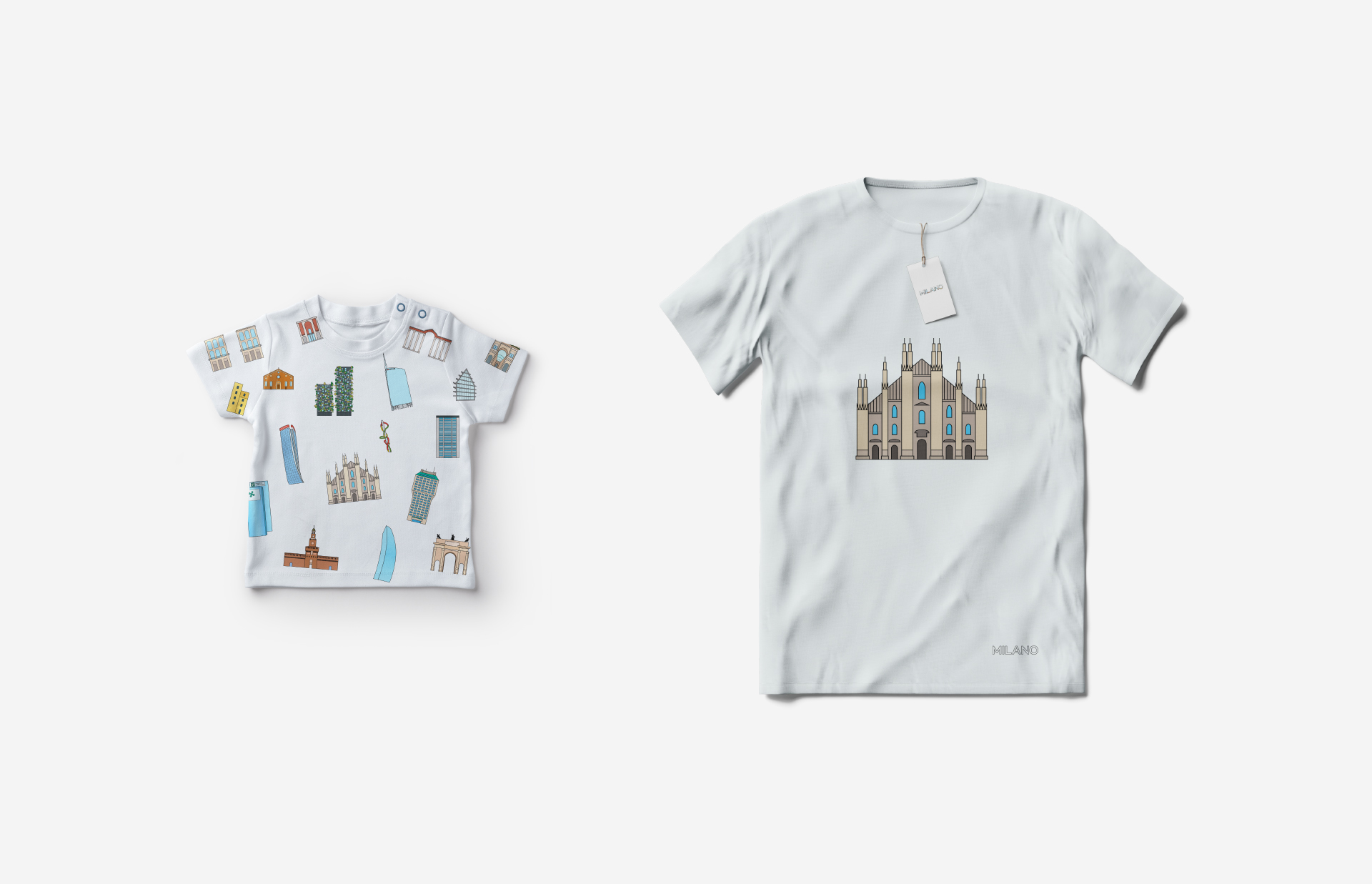 T-shirt bambino con varie illustrazioni e t-shirt adulto con illustrazione del Duomo di Milano