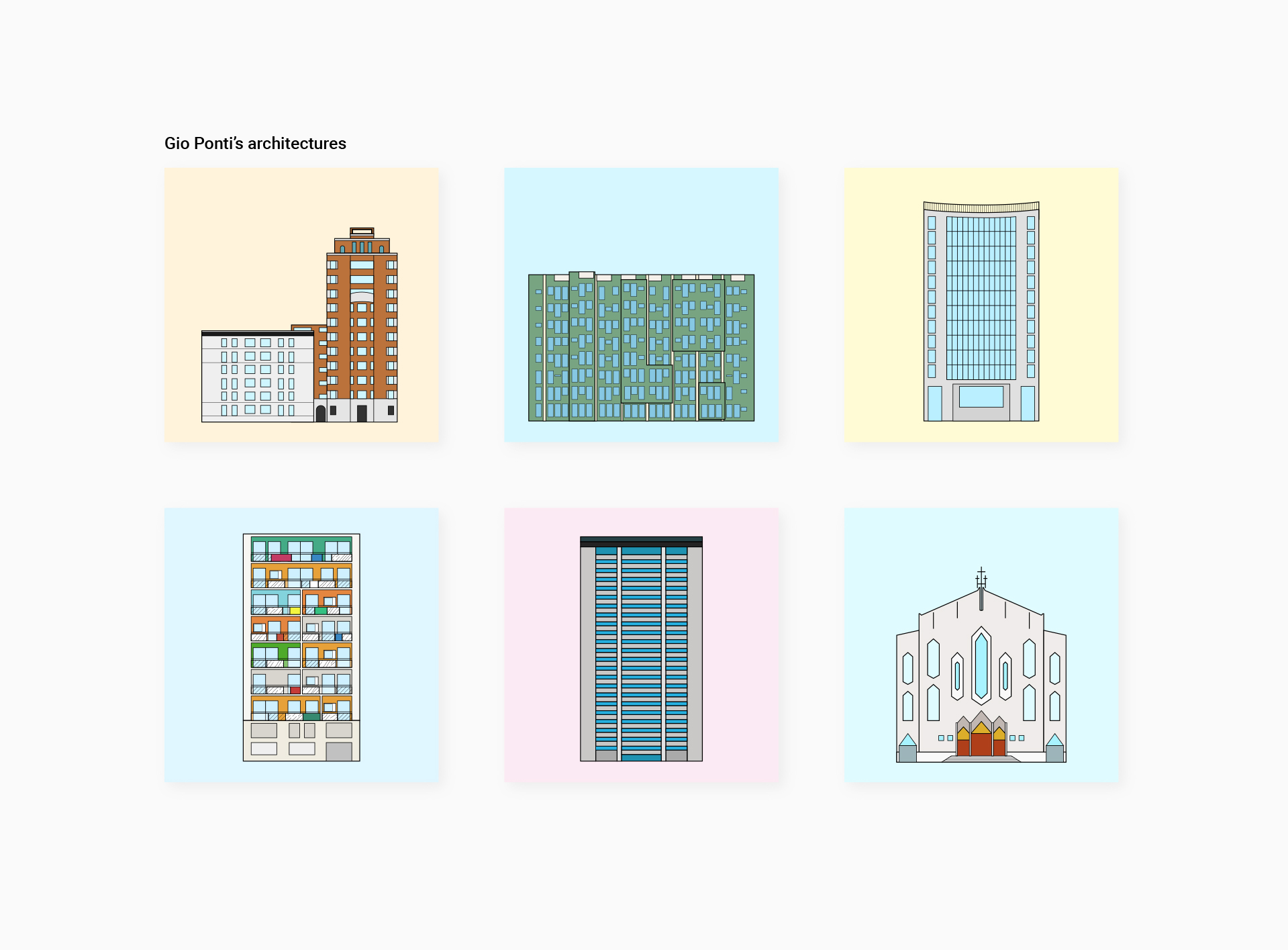 6 illustrations of building by architect Gio Ponti: Palazzo e Torre Rasini, Palazzo Montedoria, Palazzo Montecatini, Casa Gio Ponti, Grattacielo Pirelli, Chiesa San Francesco al Fopponino