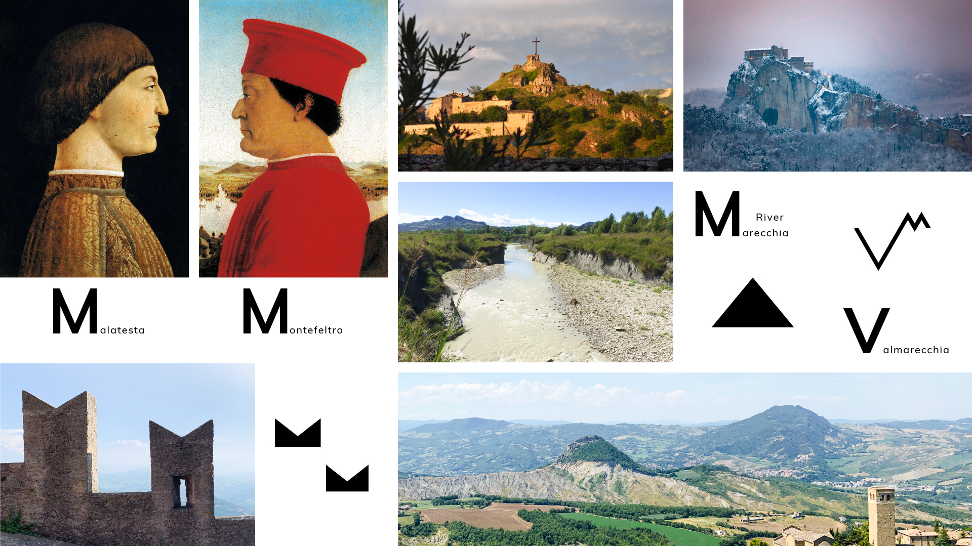 Moodboard for the concept of the logo and visual identity for Valmarecchia territory