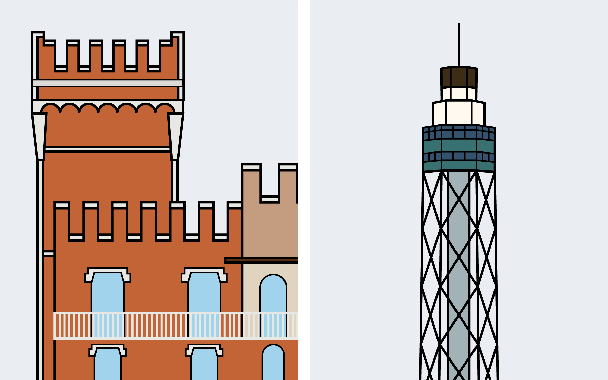 Dettaglio di due illustrazioni di edifici iconici di Milano: Castello Cosa e Torre Branca