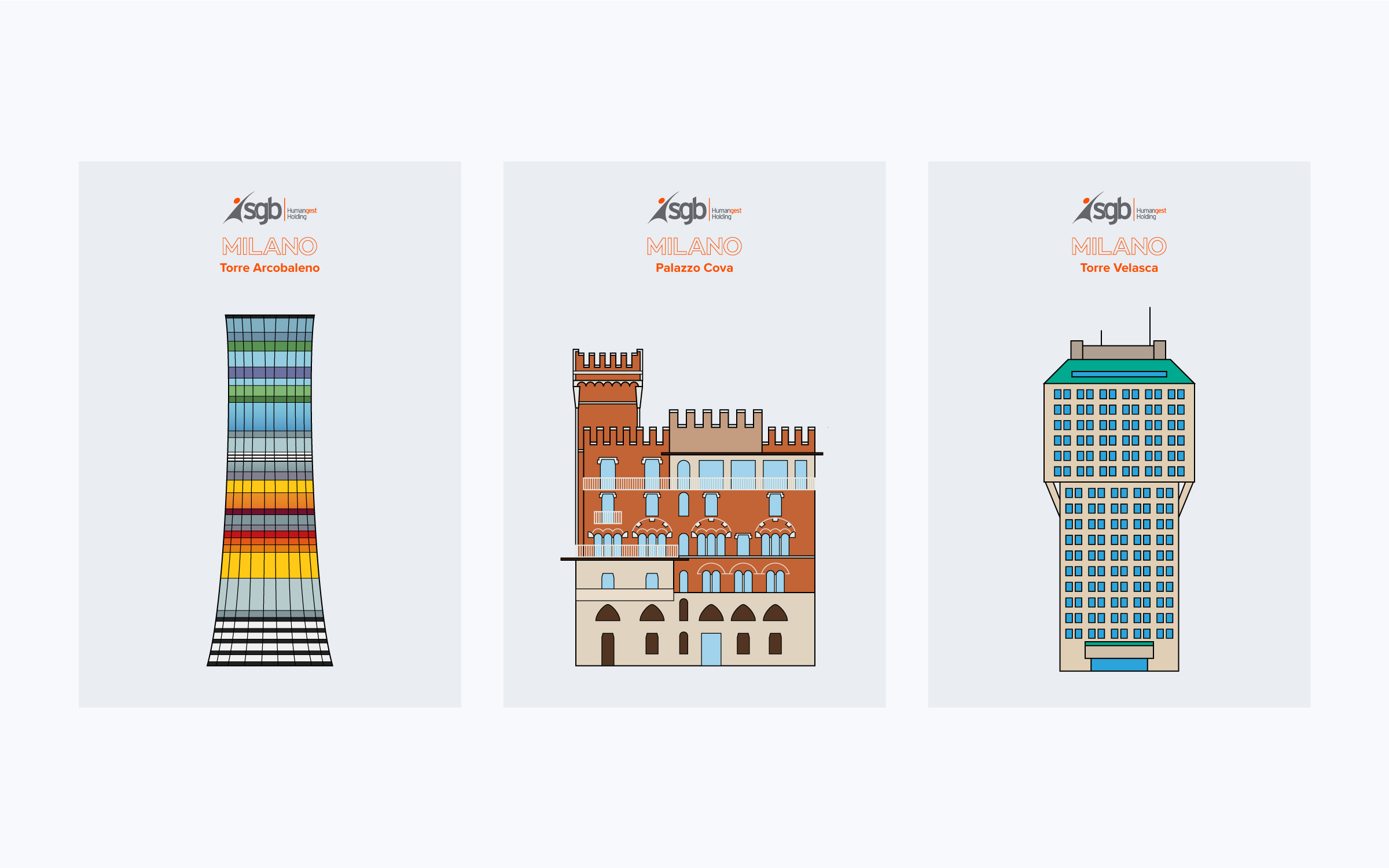 3 illustrazioni di edifici iconici di Milano (Torre Arcobaleno, Castello Cova e Torre Velasca)