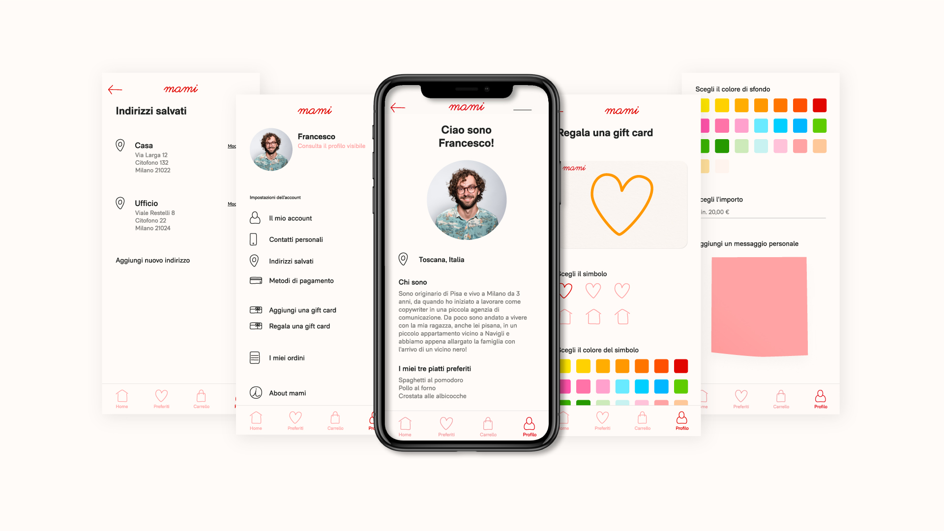 Visualizzazione di alcune schermate del profilo personale del consumatore dell'app mami